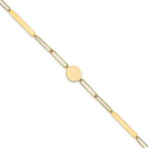 14k Yellow Gold Trendy Paperclip Design Link  Circle & Bar 8.25" Ladies Bracelet
